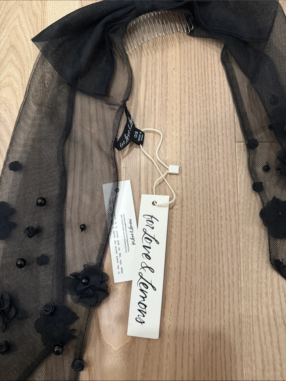 For Love And Lemons Black Floral Mesh Bow Scarf with Comb